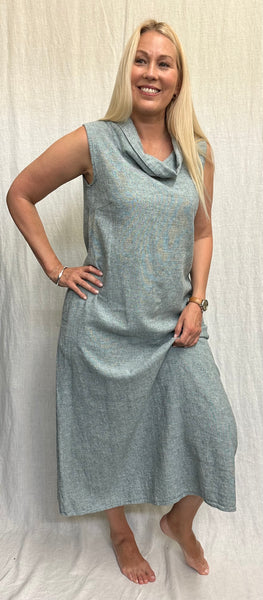Linen Cotton Crosshatch Cowl Neck Maxi Dress