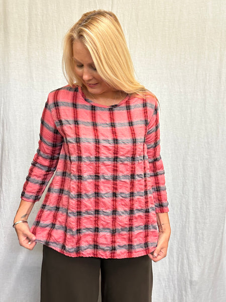Cotton Crinkle Plaid 3/4 Sleeve A-Line Top (Other color available)