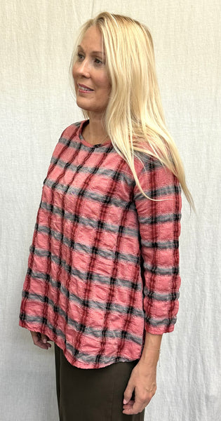 Cotton Crinkle Plaid 3/4 Sleeve A-Line Top (Other color available)