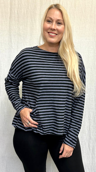 Cotton Linen Jersey Black/Natural Stripe One Size Boxy Pocket Top