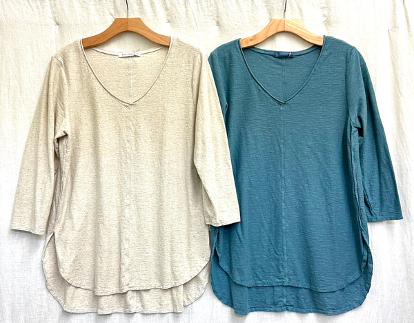 Cotton Linen Jersey 3/4 Sleeve V-Neck Top (Other color available)