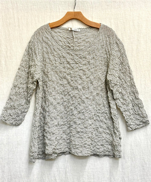 Cotton Black & White Crinkle Mini Plaid 3/4 Sleeve A-Line Top