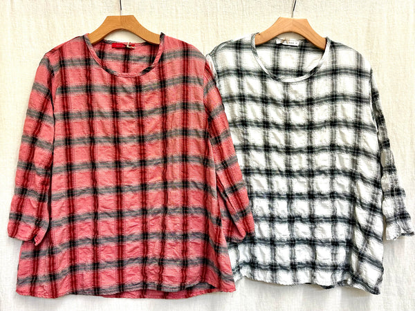 Cotton Crinkle Plaid 3/4 Sleeve A-Line Top (Other color available)