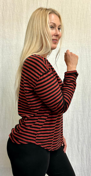Cotton Linen Jersey Black/Natural Stripe Long Sleeve Easy Tee (Other color available)
