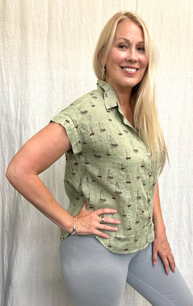 Hanky Weight Linen Sailboats Short Sleeve Pocket Shirt (Other color available)