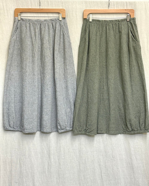 Linen Cotton Crosshatch Side Elastic Skirt (Other color available)
