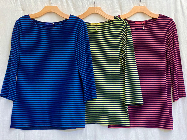 Viscose Cotton Navy Stripe Fleece 3/4 Sleeve Boatneck Top (More colors available)