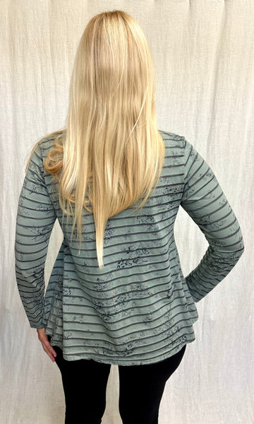 Cotton Viscose Floral Shadow Stripe Fit & Flare Tee