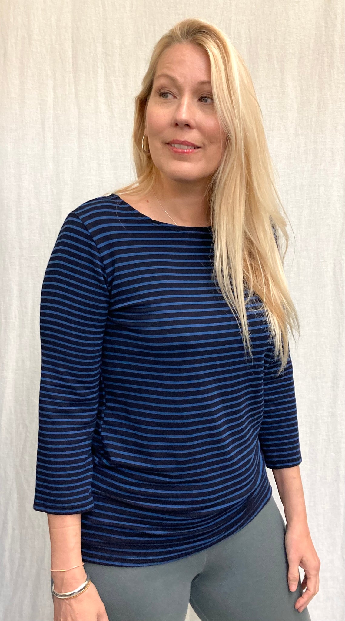 Viscose Cotton Navy Stripe Fleece 3/4 Sleeve Boatneck Top (More colors available)