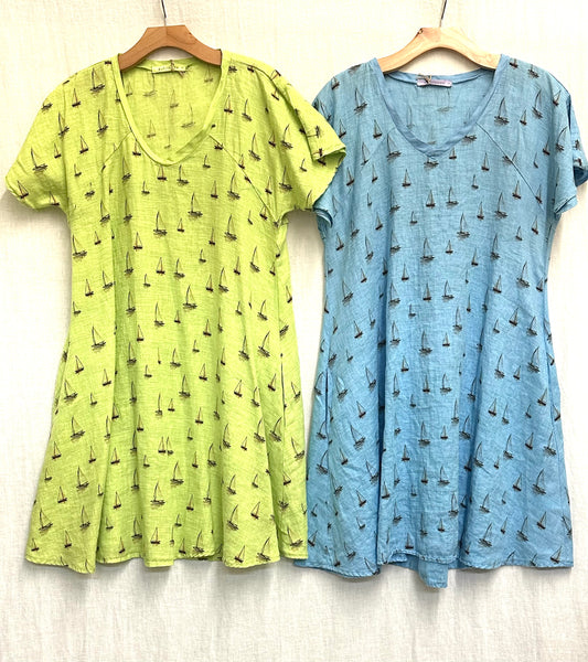 Hanky Linen Sailboats V-Neck Swing Dress (Other color available)