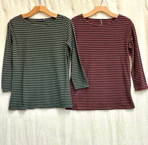 Cotton Rayon Black & White Stripe 3/4 Sleeve Boatneck Top