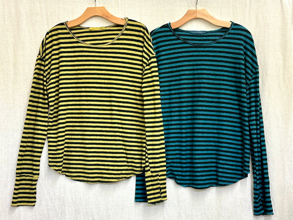 Cotton Linen Jersey Black/Natural Stripe Long Sleeve Thumbhole Tee (New colors!)
