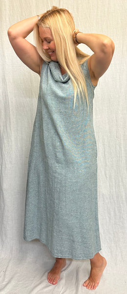 Linen Cotton Crosshatch Cowl Neck Maxi Dress