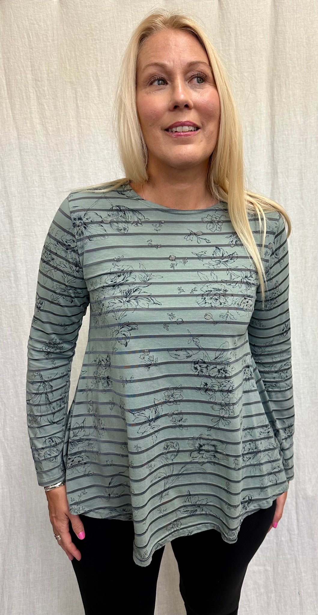 Cotton Viscose Floral Shadow Stripe Fit & Flare Tee