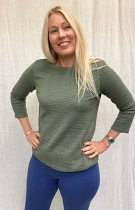 Cotton Puckered Double Cloth 3/4 Sleeve Boatneck Top (Other color available)