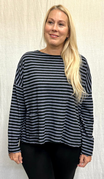 Cotton Linen Jersey Black/Natural Stripe One Size Boxy Pocket Top