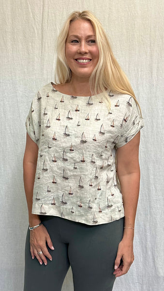 Hanky Linen Sailboats Short Sleeve Crop Top (Other color available)
