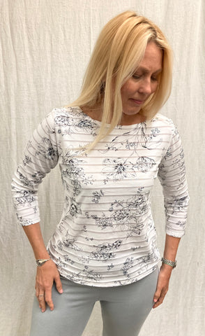 Cotton Viscose Floral Shadow Stripe 3/4 Sleeve Boatneck Tee