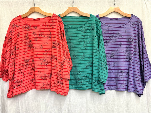 Cotton Viscose Floral Shadow Stripe Crop Top (More colors available)