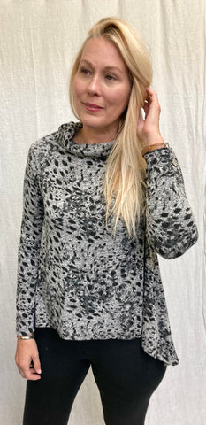 Viscose Animal Print High Low Funnel Neck Pullover