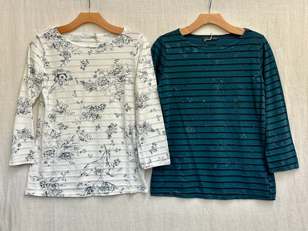 Cotton Viscose Floral Shadow Stripe 3/4 Sleeve Boatneck Tee (Other color available)