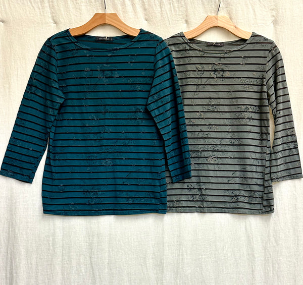 Cotton Viscose Floral Shadow Stripe 3/4 Sleeve Boatneck Tee (More colors available)