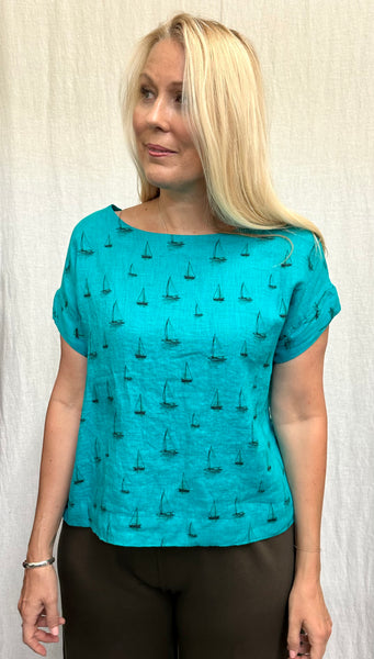 Hanky Linen Sailboats Short Sleeve Crop Top (Restock, New Color!)