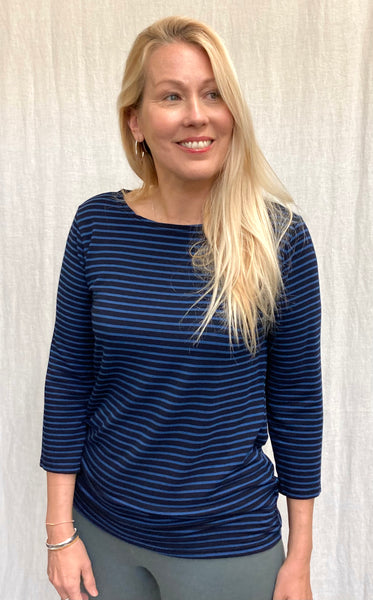 Viscose Cotton Navy Stripe Fleece 3/4 Sleeve Boatneck Top (More colors available)