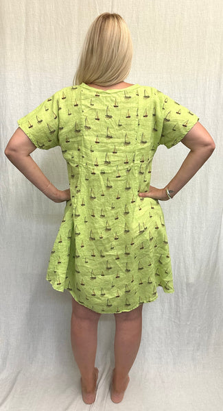 RESTOCK! Hanky Linen Sailboats V-Neck Swing Dress  (Other color available)