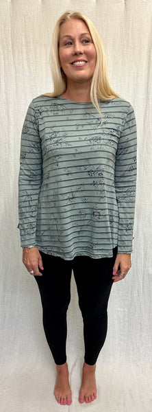 Cotton Viscose Floral Shadow Stripe Fit & Flare Tee