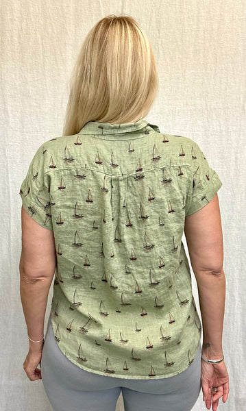 Hanky Weight Linen Sailboats Short Sleeve Pocket Shirt (Other color available)