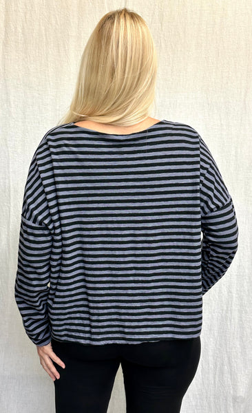 Cotton Linen Jersey Black/Natural Stripe One Size Boxy Pocket Top