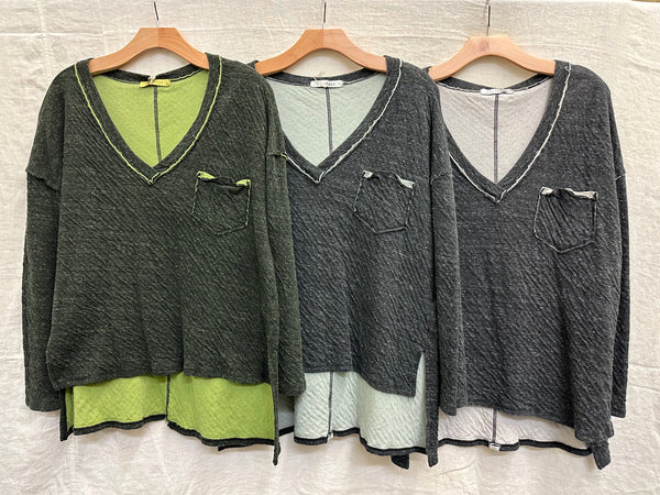 Cotton Rayon Charcoal Doublecloth Deep V Top (More colors available)