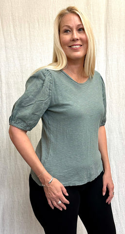 Linen Combo Short Sleeve Puff Sleeve Top (Other color available)