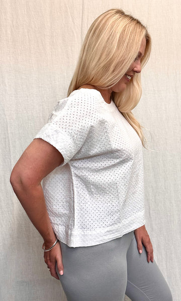 Cotton Linen Pinhole Short Sleeve Crop Top (Other color available)