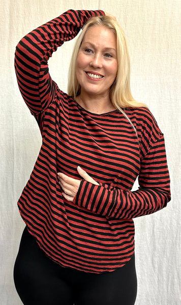 Cotton Linen Jersey Black/Natural Stripe Long Sleeve Easy Tee (Other color available)