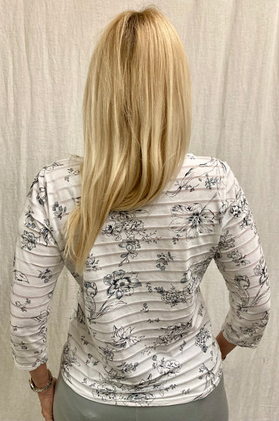Cotton Viscose Floral Shadow Stripe 3/4 Sleeve Boatneck Tee (More colors available)