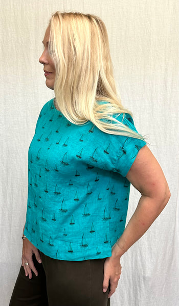 Hanky Linen Sailboats Short Sleeve Crop Top (Restock, New Color!)