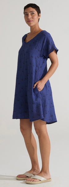 Hanky Linen Sailboats V-Neck Swing Dress (Other color available)