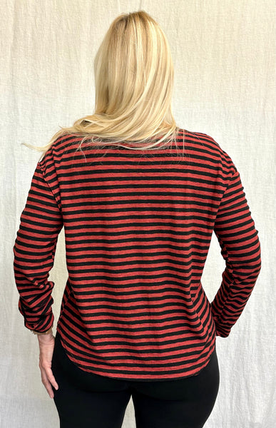 Cotton Linen Jersey Black/Natural Stripe Long Sleeve Easy Tee (Other color available)