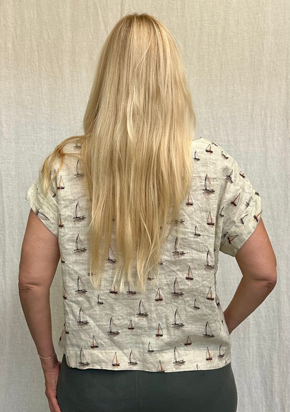 Hanky Linen Sailboats Short Sleeve Crop Top (Other color available)