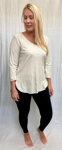 Cotton Linen Jersey 3/4 Sleeve V-Neck Top (Other color available)