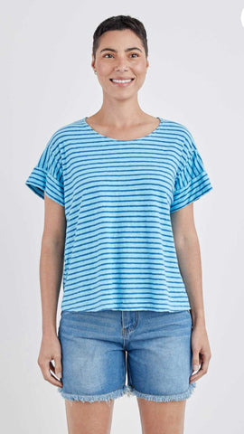 Cotton Linen Gulfstream Stripe Short Sleeve Top (Other color available)