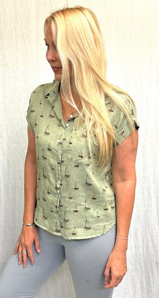 Hanky Weight Linen Sailboats Short Sleeve Pocket Shirt (Other color available)