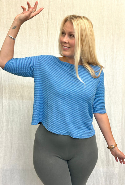 Cotton Linen Stripe Elbow Sleeve Top (More colors available)