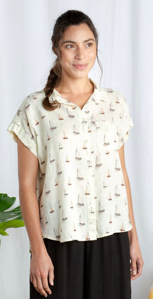 Hanky Weight Linen Sailboats Short Sleeve Pocket Shirt (Other color available)
