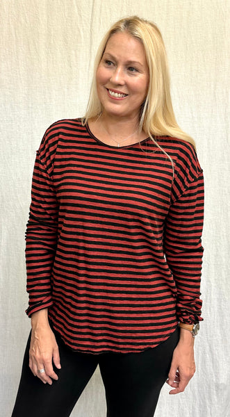 Cotton Linen Jersey Black/Natural Stripe Long Sleeve Easy Tee (Other color available)