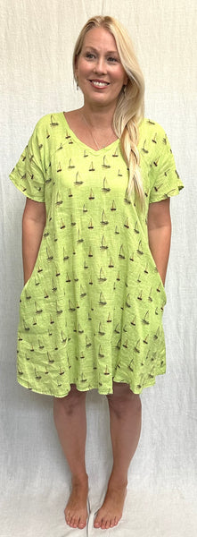 RESTOCK! Hanky Linen Sailboats V-Neck Swing Dress  (Other color available)