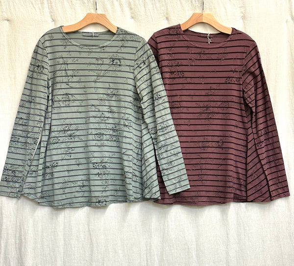 Cotton Viscose Floral Shadow Stripe Fit & Flare Tee