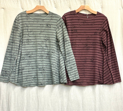 Cotton Viscose Floral Shadow Stripe Fit & Flare Tee